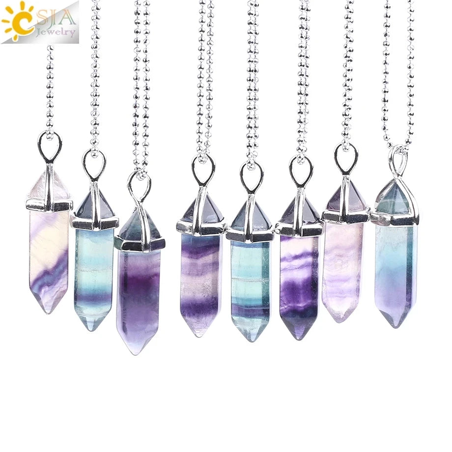 CSJA Fluorite Crystals Necklaces Pendants Suspension Quartz Natural Gem Stone Necklace for Women Hexagonal Reiki Healing G954