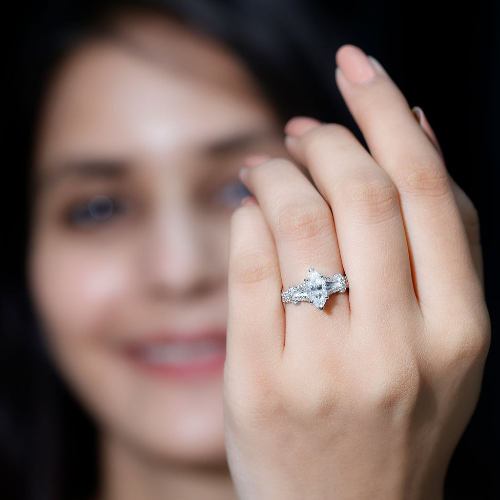 Marquise Cut Moissanite Solitaire Engagement Ring in Split Shank