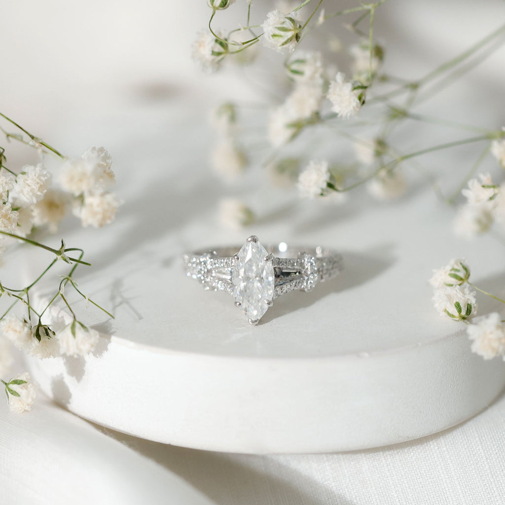Marquise Cut Moissanite Solitaire Engagement Ring in Split Shank