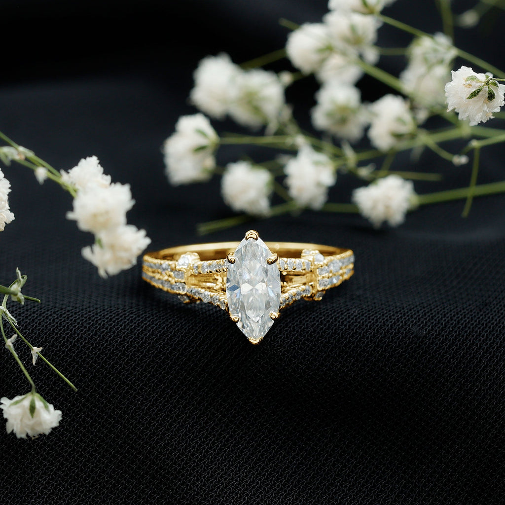 Marquise Cut Moissanite Solitaire Engagement Ring in Split Shank