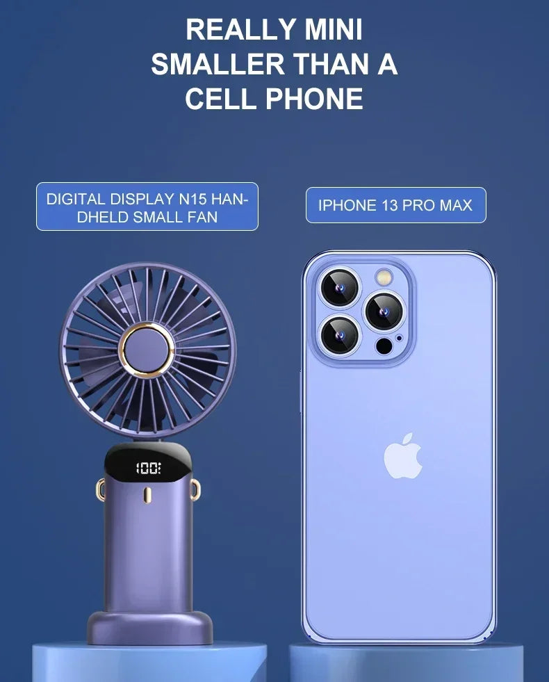 Foldable Neck Hanging Mini Fan, Portable 5 Speed USB Rechargeable Handheld Fan with Display Screen Phone Stand, 1800mAh
