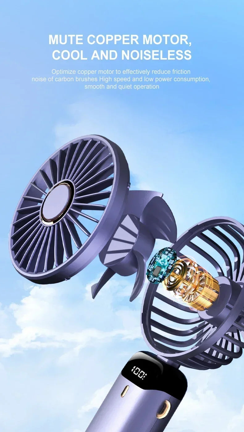 Foldable Neck Hanging Mini Fan, Portable 5 Speed USB Rechargeable Handheld Fan with Display Screen Phone Stand, 1800mAh