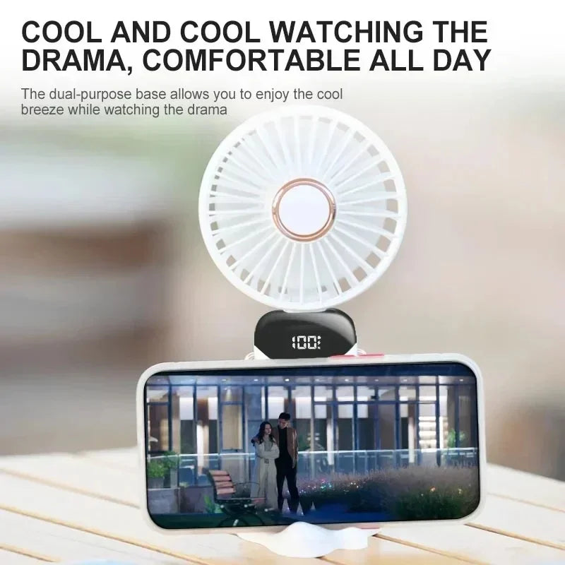 Foldable Neck Hanging Mini Fan, Portable 5 Speed USB Rechargeable Handheld Fan with Display Screen Phone Stand, 1800mAh