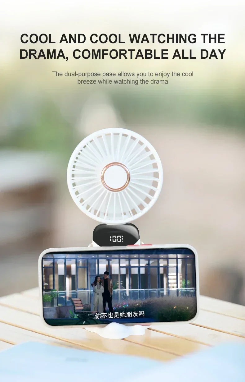 Foldable Neck Hanging Mini Fan, Portable 5 Speed USB Rechargeable Handheld Fan with Display Screen Phone Stand, 1800mAh