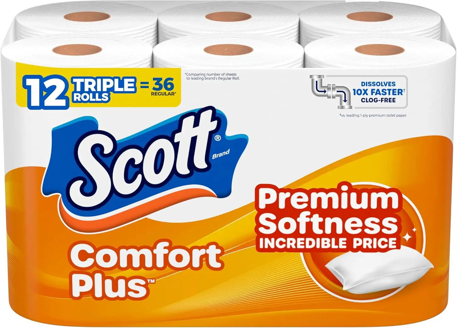 ComfortPlus 1-Ply Bath Toilet Paper, 12 Triple Rolls Equal to 36 Regular Rolls, 231 Sheets per Roll, Rapidly Dissolving Septic-Safe Tissue, Durable Disposable Bathroom Toilet Tissue for Household, RV and Septic Plumbing Syste