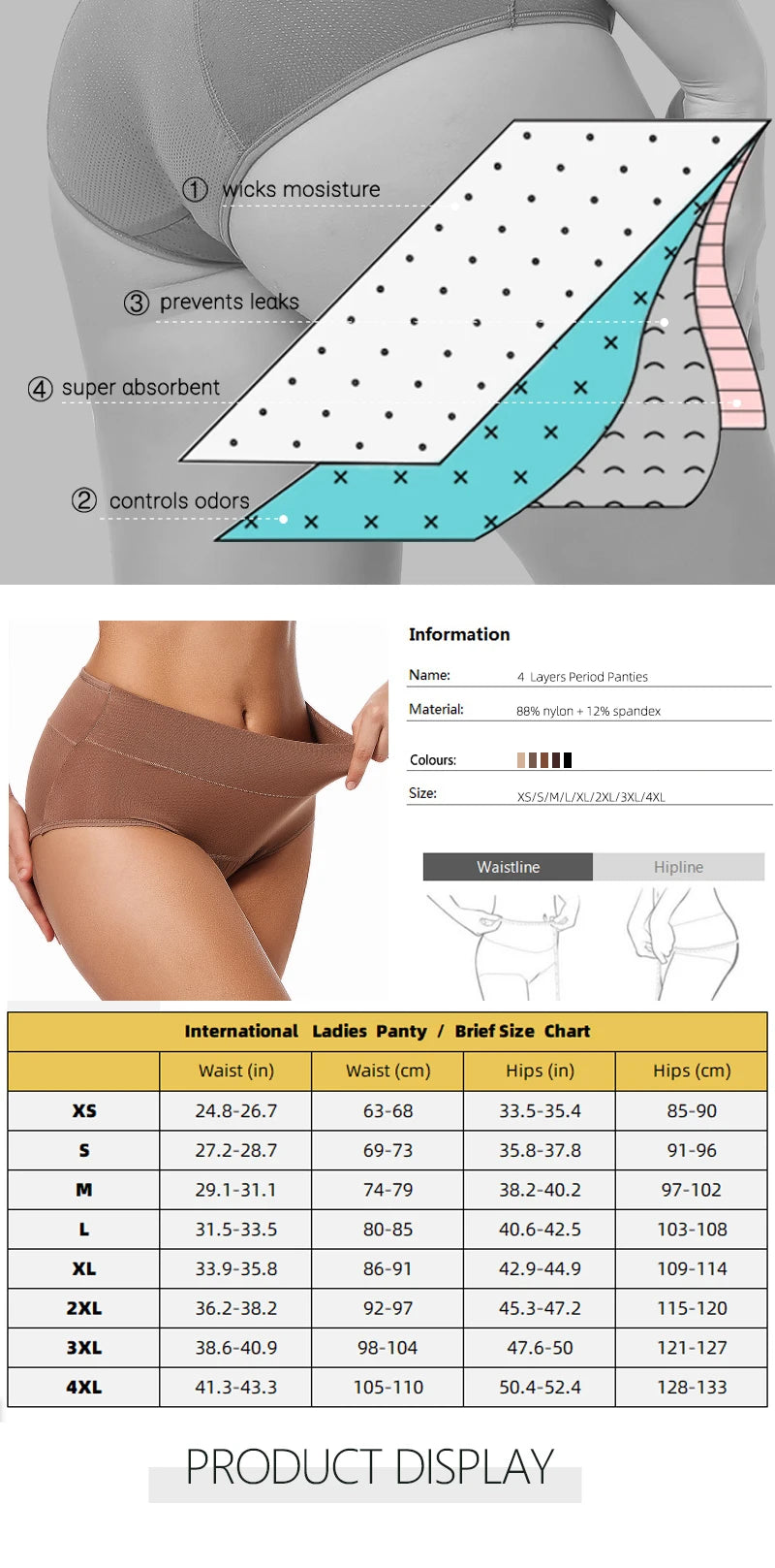 3Layers Leakproof High Waist Breathable Women Menstural Period Panties Incontinence Underwear