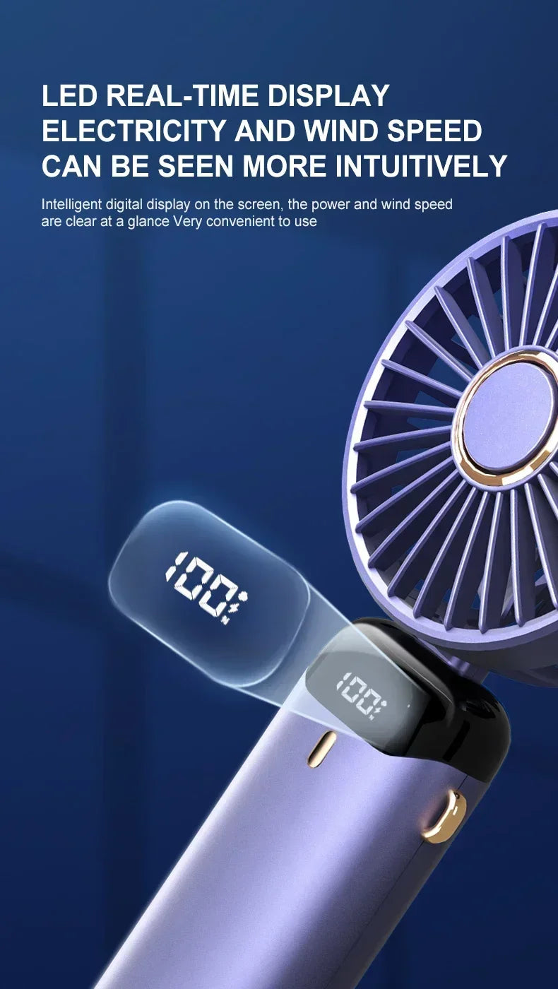 Foldable Neck Hanging Mini Fan, Portable 5 Speed USB Rechargeable Handheld Fan with Display Screen Phone Stand, 1800mAh