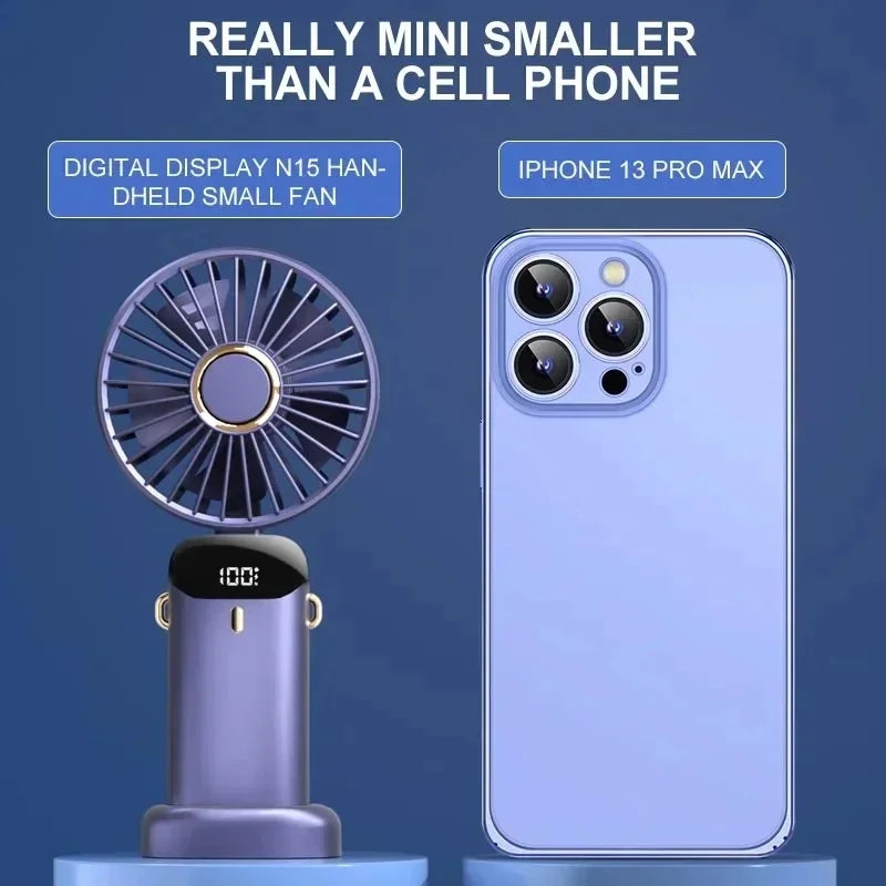 Foldable Neck Hanging Mini Fan, Portable 5 Speed USB Rechargeable Handheld Fan with Display Screen Phone Stand, 1800mAh