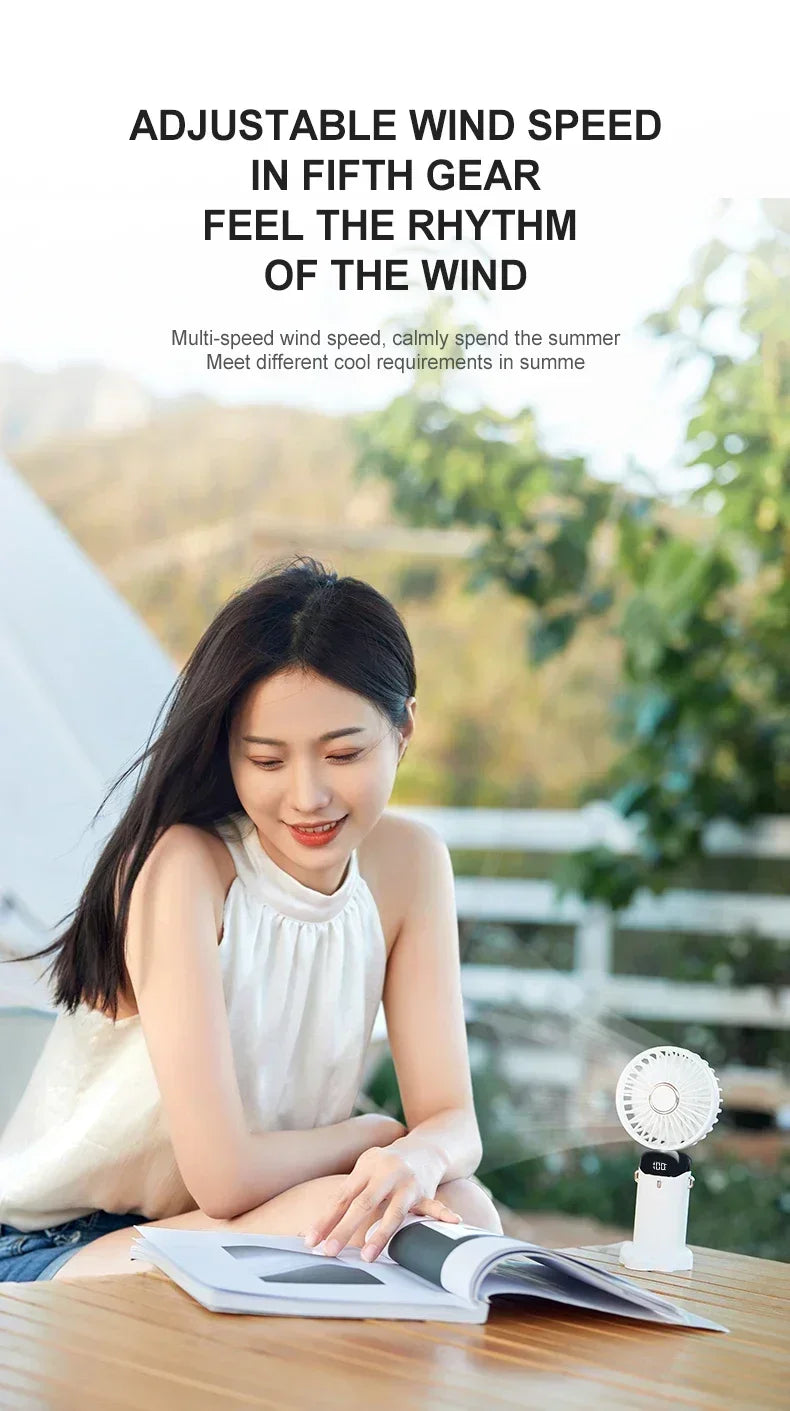 Foldable Neck Hanging Mini Fan, Portable 5 Speed USB Rechargeable Handheld Fan with Display Screen Phone Stand, 1800mAh