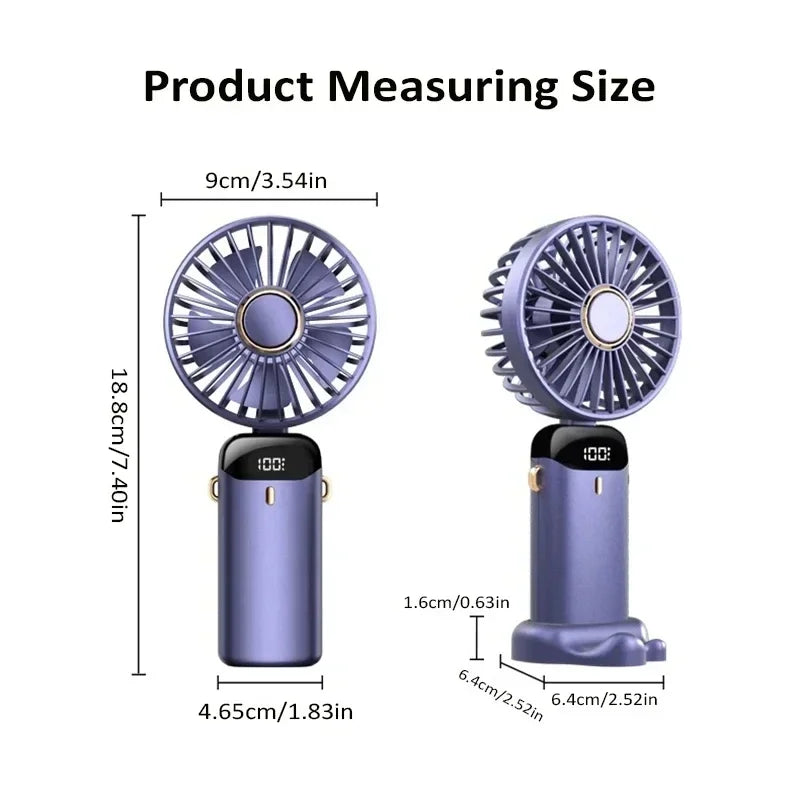 Foldable Neck Hanging Mini Fan, Portable 5 Speed USB Rechargeable Handheld Fan with Display Screen Phone Stand, 1800mAh