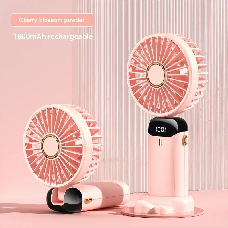 Foldable Neck Hanging Mini Fan, Portable 5 Speed USB Rechargeable Handheld Fan with Display Screen Phone Stand, 1800mAh