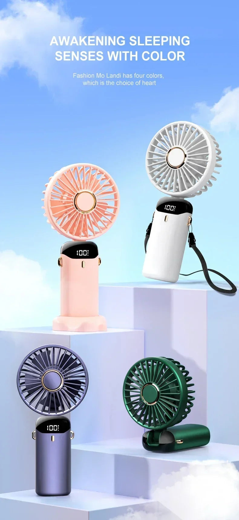 Foldable Neck Hanging Mini Fan, Portable 5 Speed USB Rechargeable Handheld Fan with Display Screen Phone Stand, 1800mAh