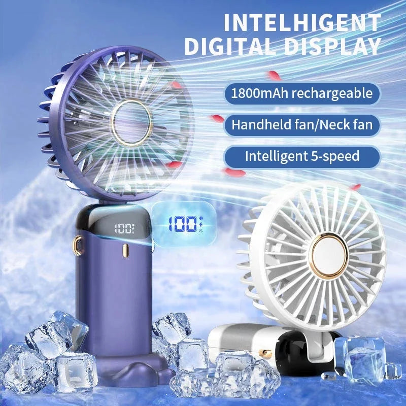 Foldable Neck Hanging Mini Fan, Portable 5 Speed USB Rechargeable Handheld Fan with Display Screen Phone Stand, 1800mAh