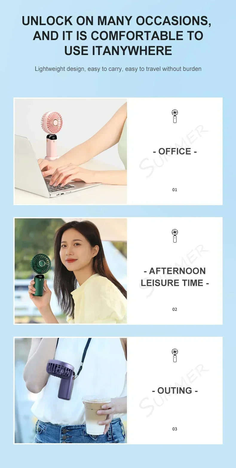 Foldable Neck Hanging Mini Fan, Portable 5 Speed USB Rechargeable Handheld Fan with Display Screen Phone Stand, 1800mAh