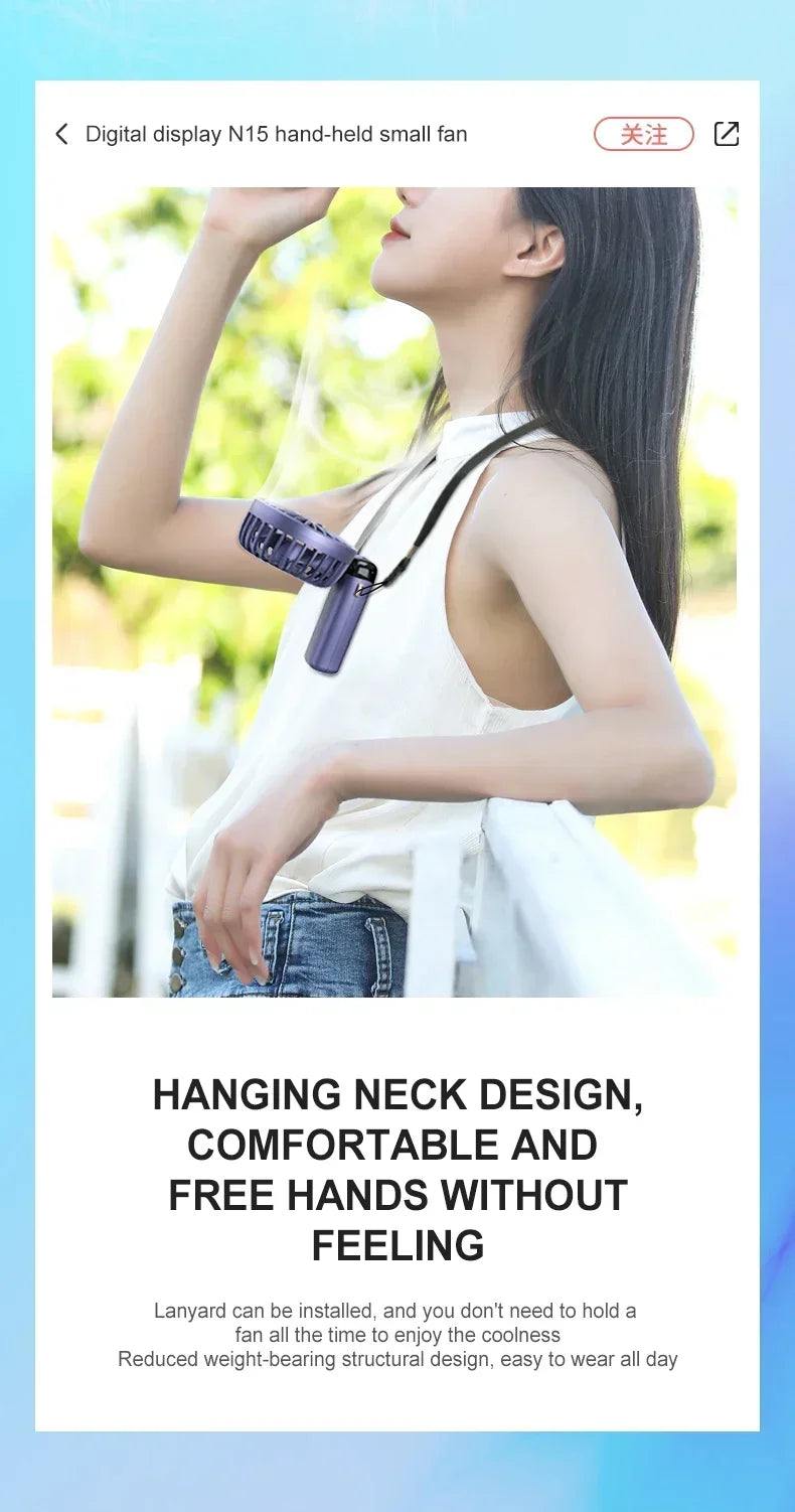 Foldable Neck Hanging Mini Fan, Portable 5 Speed USB Rechargeable Handheld Fan with Display Screen Phone Stand, 1800mAh